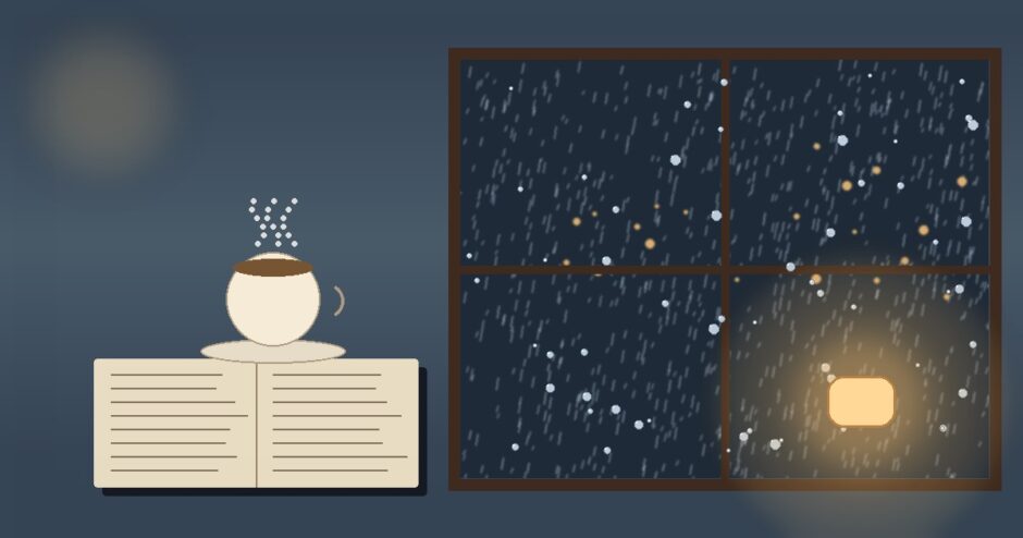 雨に濡れた窓辺と読みかけの本、ティーカップ、温かいランプ