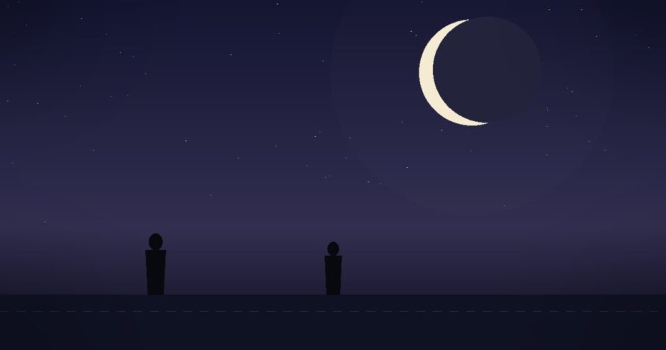 三日月の夜空の下、離れて立つ二人のシルエット