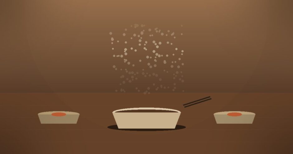 湯気の立つお椀と二つの皿、温かい食卓のシーン