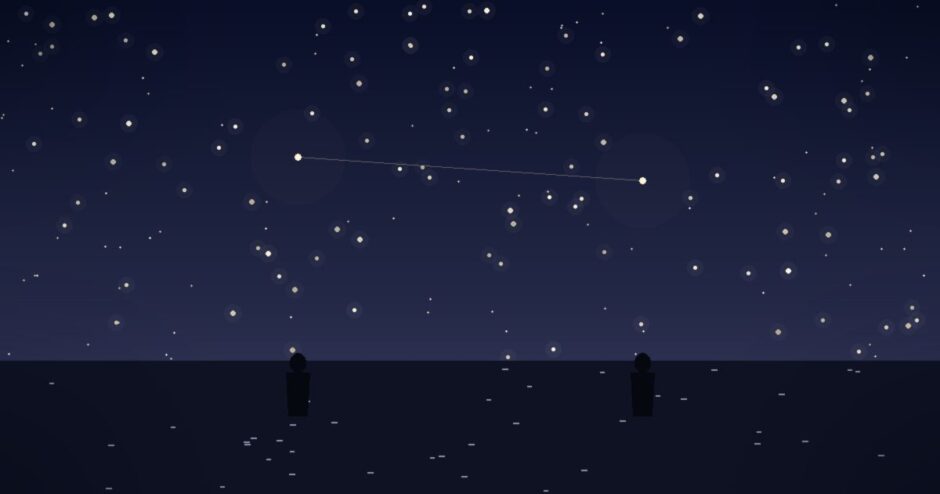 夜の海辺に並ぶ二人の影と、夜空に光る二つの明るい星と線で結ばれた構図