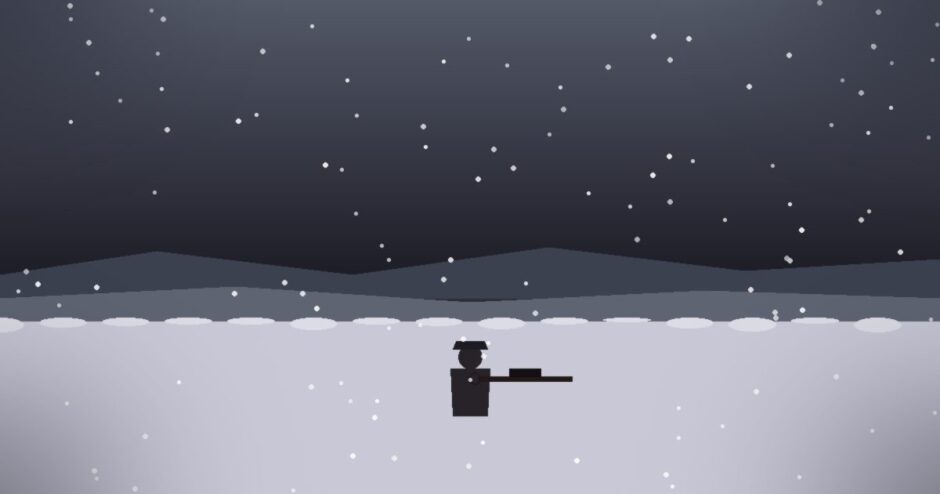 雪が降る雪原と、銃を構えた少女狙撃手のシルエット