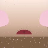 桜並木の下に立つ赤い和傘、桜の花びらが舞い散る情景