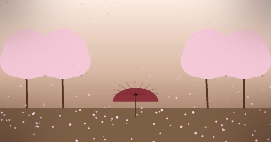 桜並木の下に立つ赤い和傘、桜の花びらが舞い散る情景