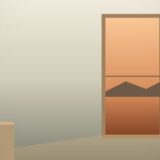 夕暮れの病室の窓辺、テーブルに置かれた花瓶と本、夕日が差し込む静かな部屋