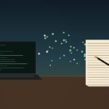 夜のデスクで光るノートPCの画面と紙の原稿、AIのシアン色の粒子が二つを繋ぐ