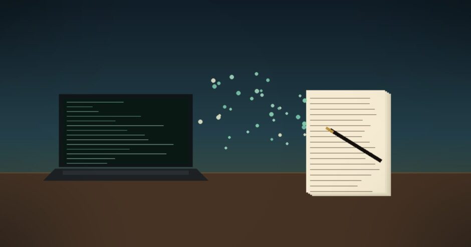夜のデスクで光るノートPCの画面と紙の原稿、AIのシアン色の粒子が二つを繋ぐ