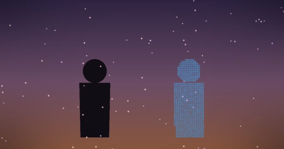 夕暮れの空の下、人間のシルエットとピクセル状のAIのシルエットが向かい合う、二者の間に淡い光