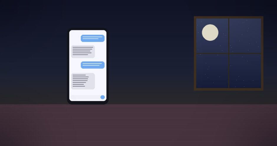 深夜の暗い部屋、スマホ画面にチャットUI、窓の外には月夜の星空